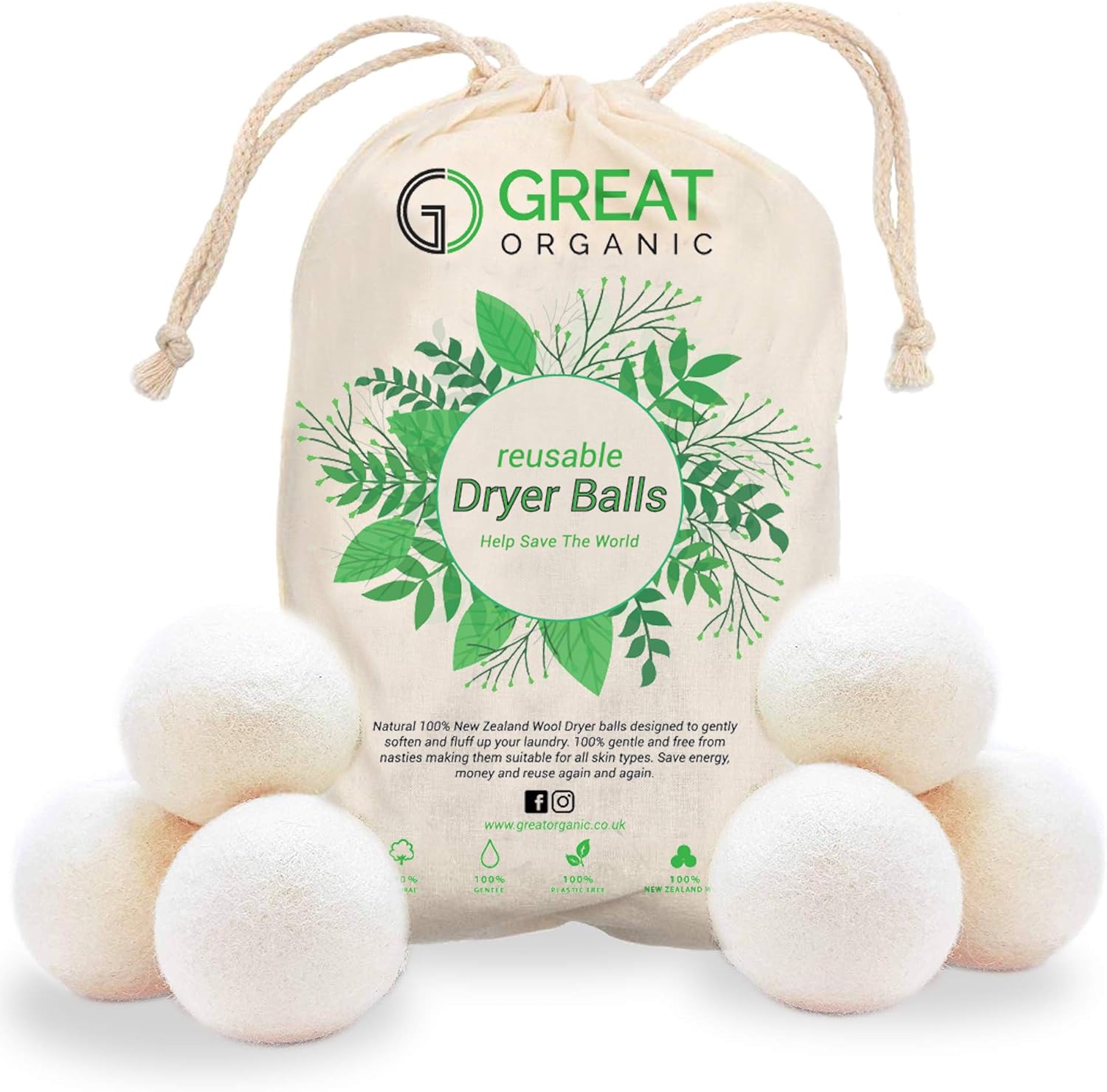 6 XL Organic Tumble Dryer Balls 100 New Zealand Wool (A+++ Energy