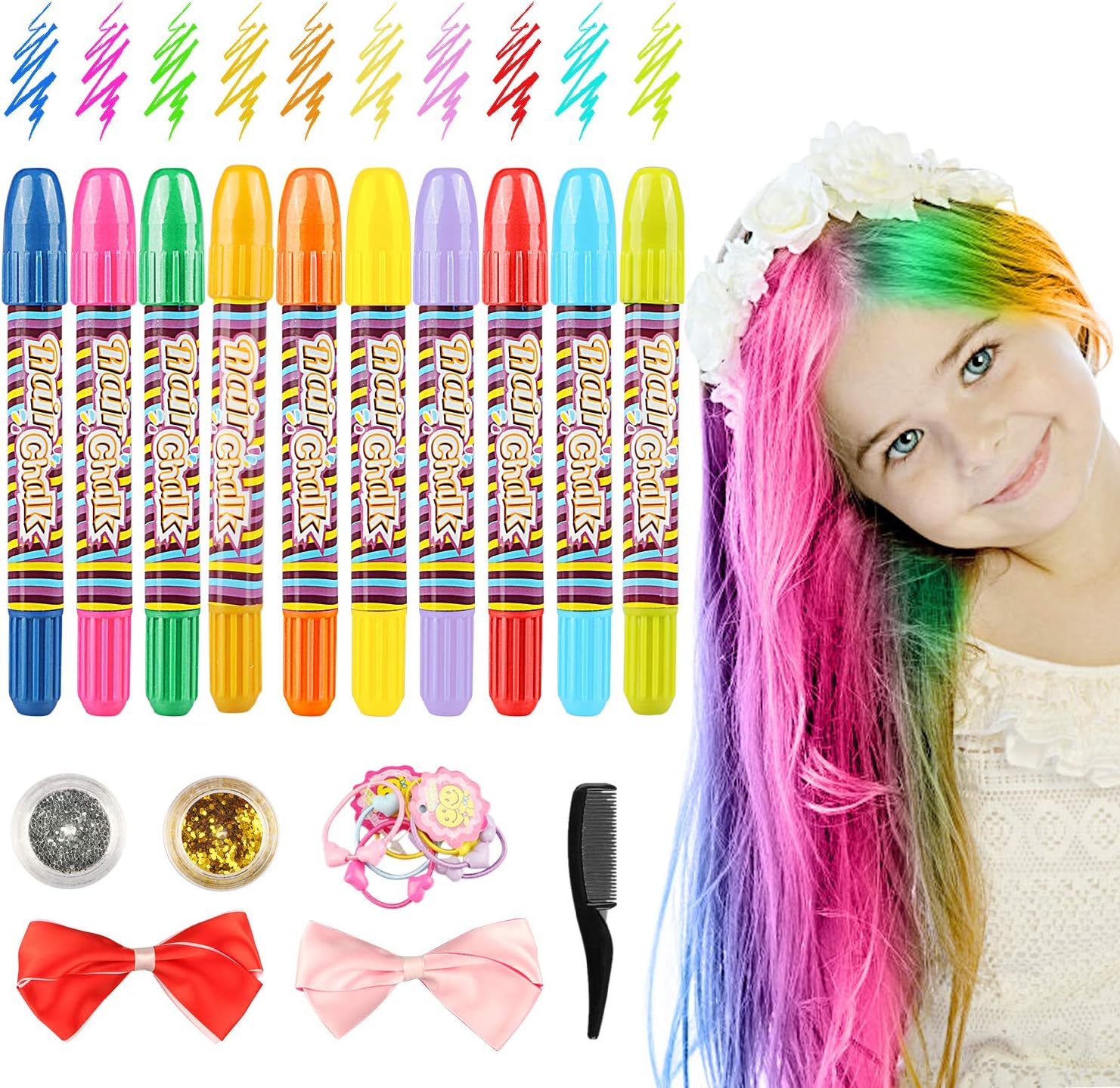 Lena 42536 Set Craies à Cheveux Fashion 5 Couleurs Pastel + 126 Tatouages Temporaires - Violet Vert Rose Jaune Bleu