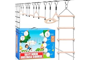 Ninja Warrior Obstacle Course for Kids, 2 x 50 Ft Slackline Set, Holds Up to 880 Lbs, 10 Weatherproof Obstacles & Monkey Net,