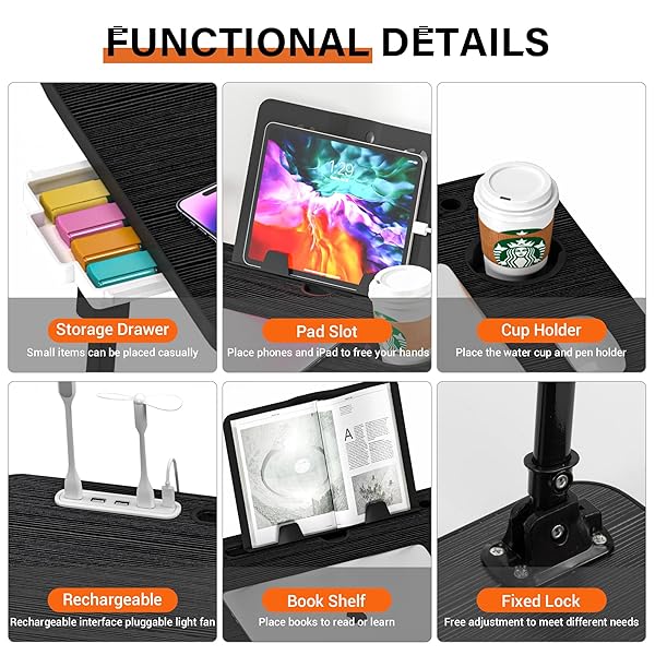 DECOSIS LAPTOP DESK FOR BED HEIGHT ADJUSTABLE, LAP BED TABLE WITH USB/STORAGE DRAWER/CUP HOLDER/TABLET STAND/BOOK SHELF, FOLDABLE BREAKFAST TRAY PORTABLE FOR READING WRITING, SOFA & FLOOR, BLACK