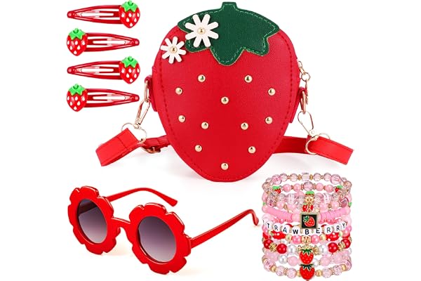 Zhamate Purse for Girls, Strawberry Accessories Gift Set Cute Purse Fruit Snap Hair Clip Stackable Bracelets with Sunglasses