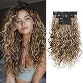 REECHO Curly Hair Extensions, 4PCS 16 inch Clip in Hair Extensions Lace Weft Short Curly Hair Extension Clip Ins Invisible Natural Hairpieces for Women, Light Brown with Blonde Highlights