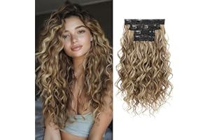 REECHO Curly Hair Extensions, 4PCS 16 inch Clip in Hair Extensions Lace Weft Short Curly Hair Extension Clip Ins Invisible Natural Hairpieces for Women, Light Brown with Blonde Highlights