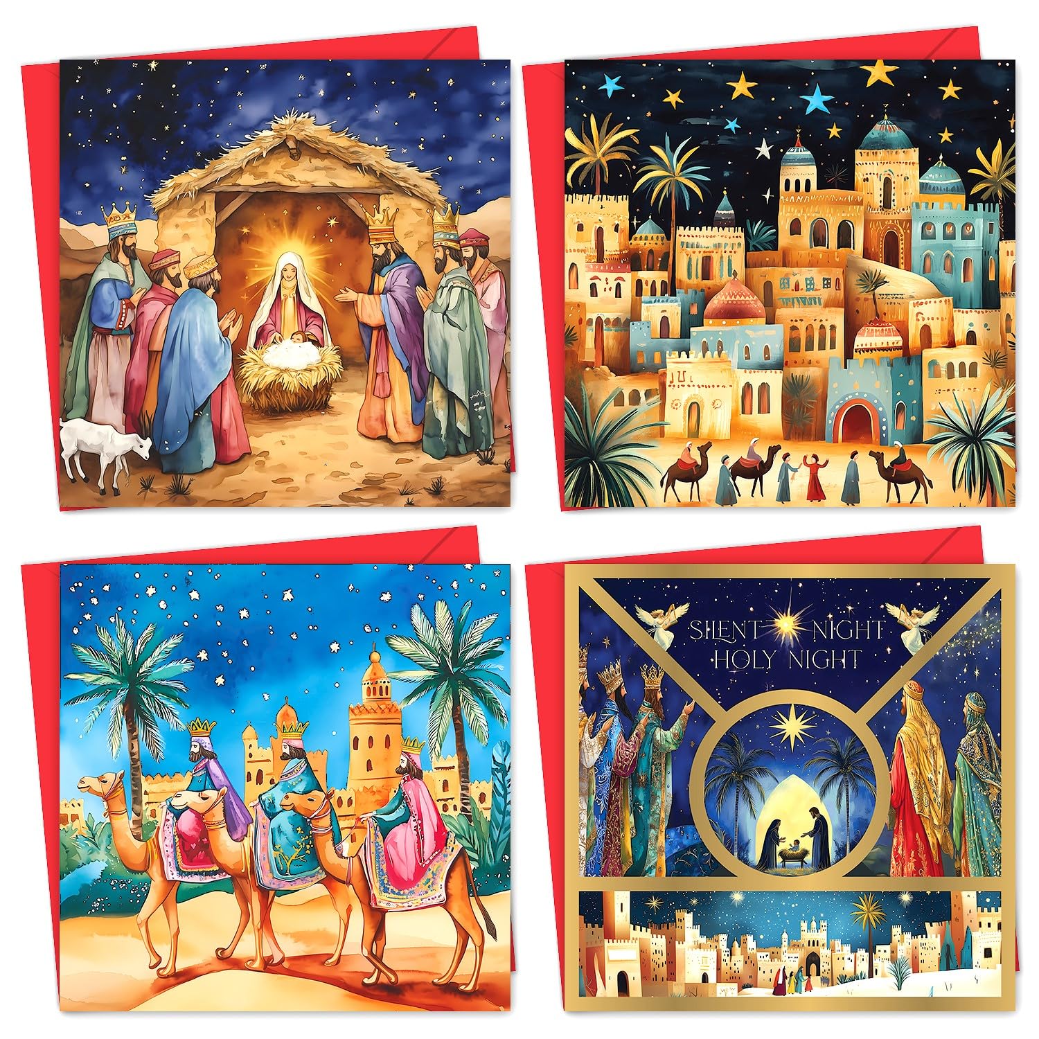 Pack of 16 Charity Christmas Cards 2024 with Envelopes - Religious Luxury Christmas Cards Multipack, Xmas Cards Featuring 4 Unique Nativity Scenes (125 x 125 mm) - Greeting cards for Family & Friends