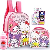 Hello Kitty and Friends Backpack and Lunch Bag - Bundle with 16” Sanrio Backpack Featuring Hello Kitty, My Melody, Kuromi, Lunch Box, Water Bottle, Tattoos, More | Sanrio School Bag Set