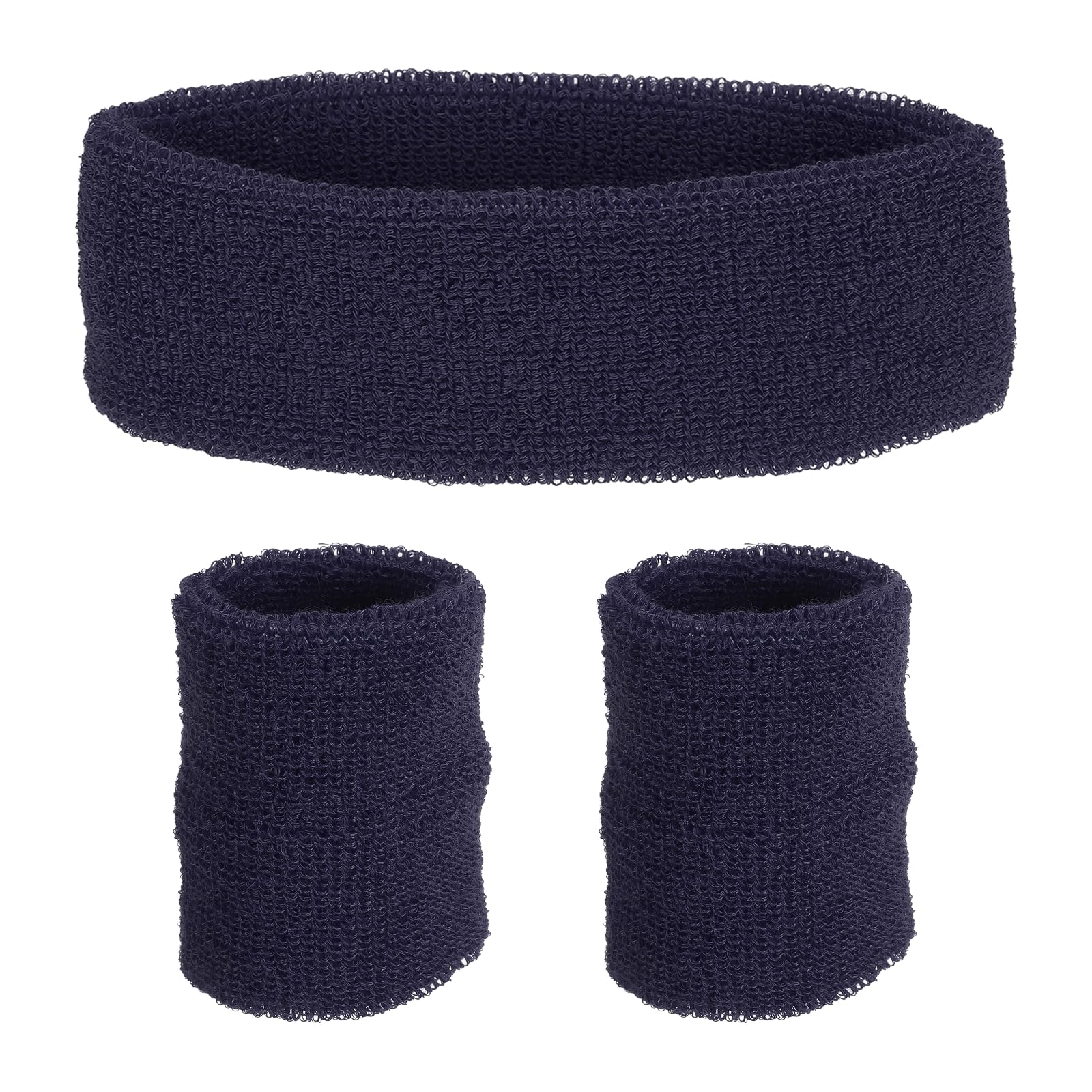 PATIKIL Sports Wristbands Headband Set, 8x8cm Cotton Terry Cloth Athletic Absorbent Sweatband 20x5cm Headband for Tennis Basketball Running, Navy Blue (1 Headband & 2 Wristbands)