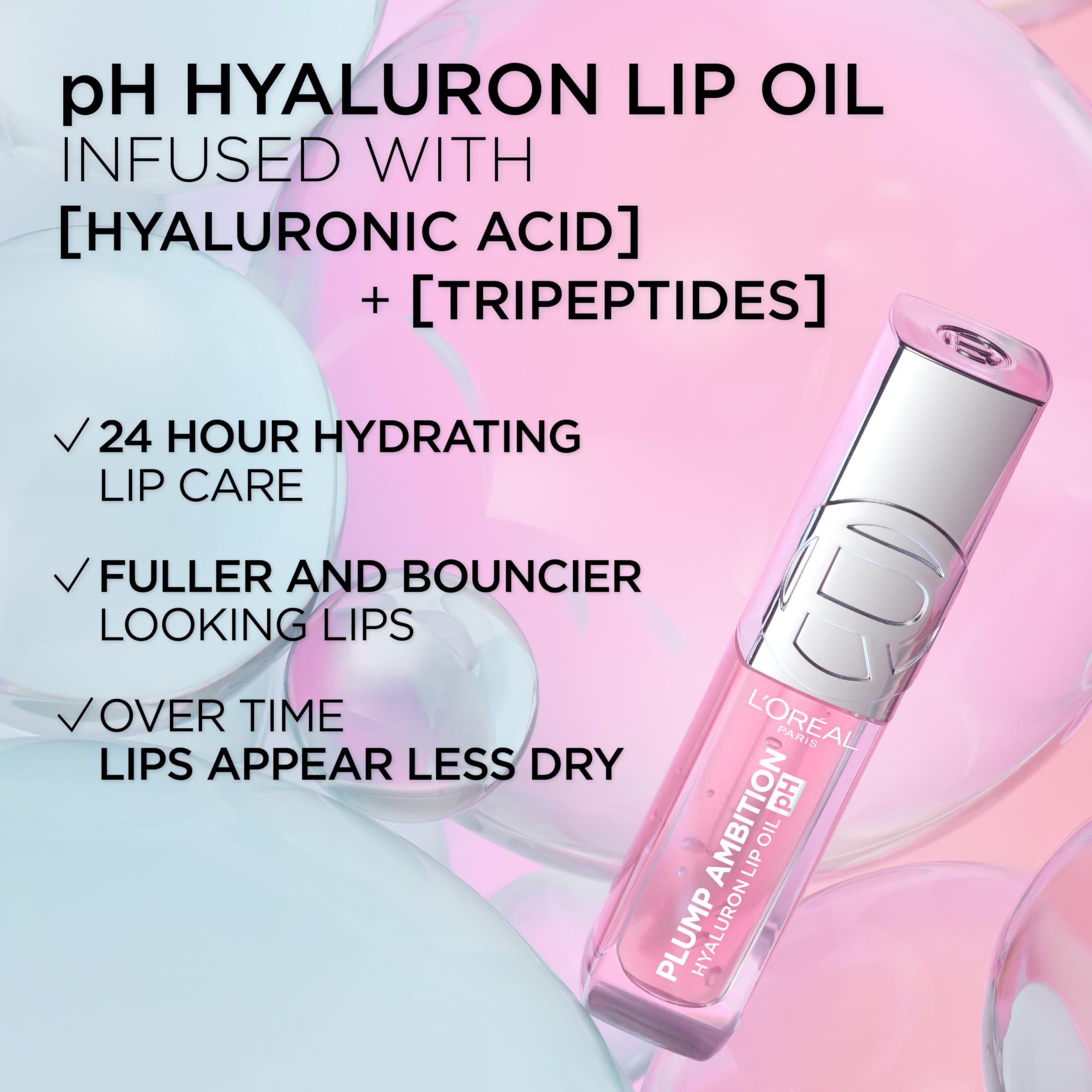L'Oreal Paris Plump Ambition pH Hyaluron Lip Oil, Color Shifting Lip Tint with 24HR Hydration, Volumizing Shine and Lasting Color, 020 pH Rosé