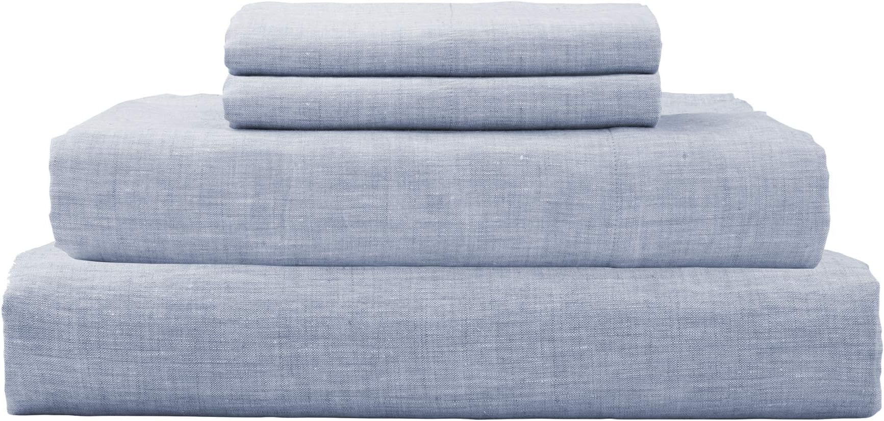DAPU Pure Linen Sheets Set, 100% Yarn-Dyed French Linen, Breathable and Durable for Hot Sleepers, 4 Pcs Set - 1 Flat Sheet, 1 Fitted Sheet, 2 Pillowcases. (Summer Sky, Queen)