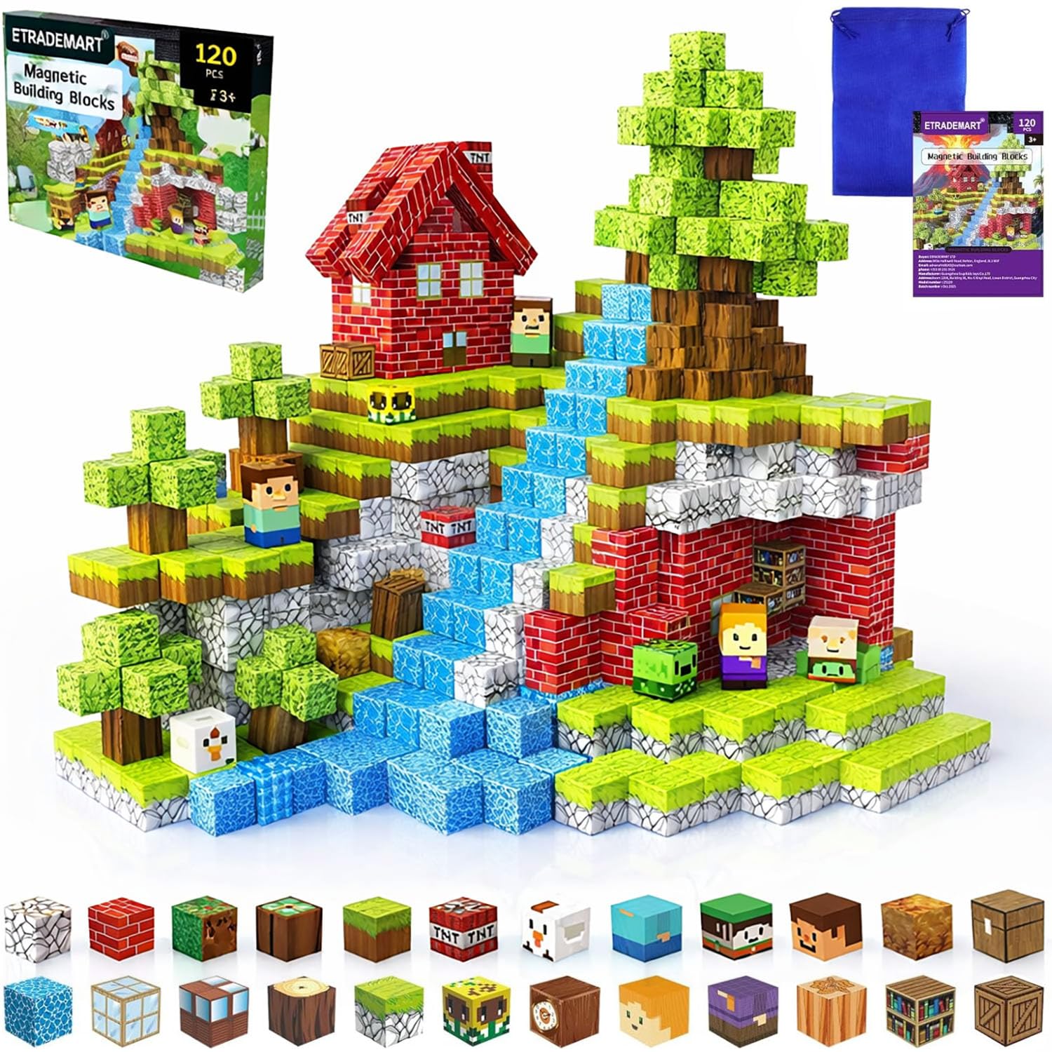 Magnetic Building Blocks 120 PCS - Strong Construction Magnetic Blocks with All-Side Suction, Tough Fall-Proof ABS Non-Toxic Blocks, Educational Creative Click Blocks Set for Kids Multiple Play Scenes