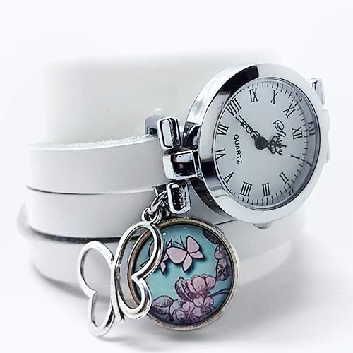 Reloj multidivisión de creación artesanal de cuero - Blanco - mariposa - Regalo de Navidad para regalo mujer - San Valentín-(ref.44a) FBA: Amazon.es: Handmade