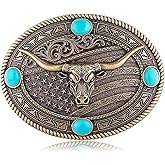 Flipslo Western Belt Buckles for Men, Vintage Cow Bull Native American Flag Cowboy Belt Buckle with Turquoise