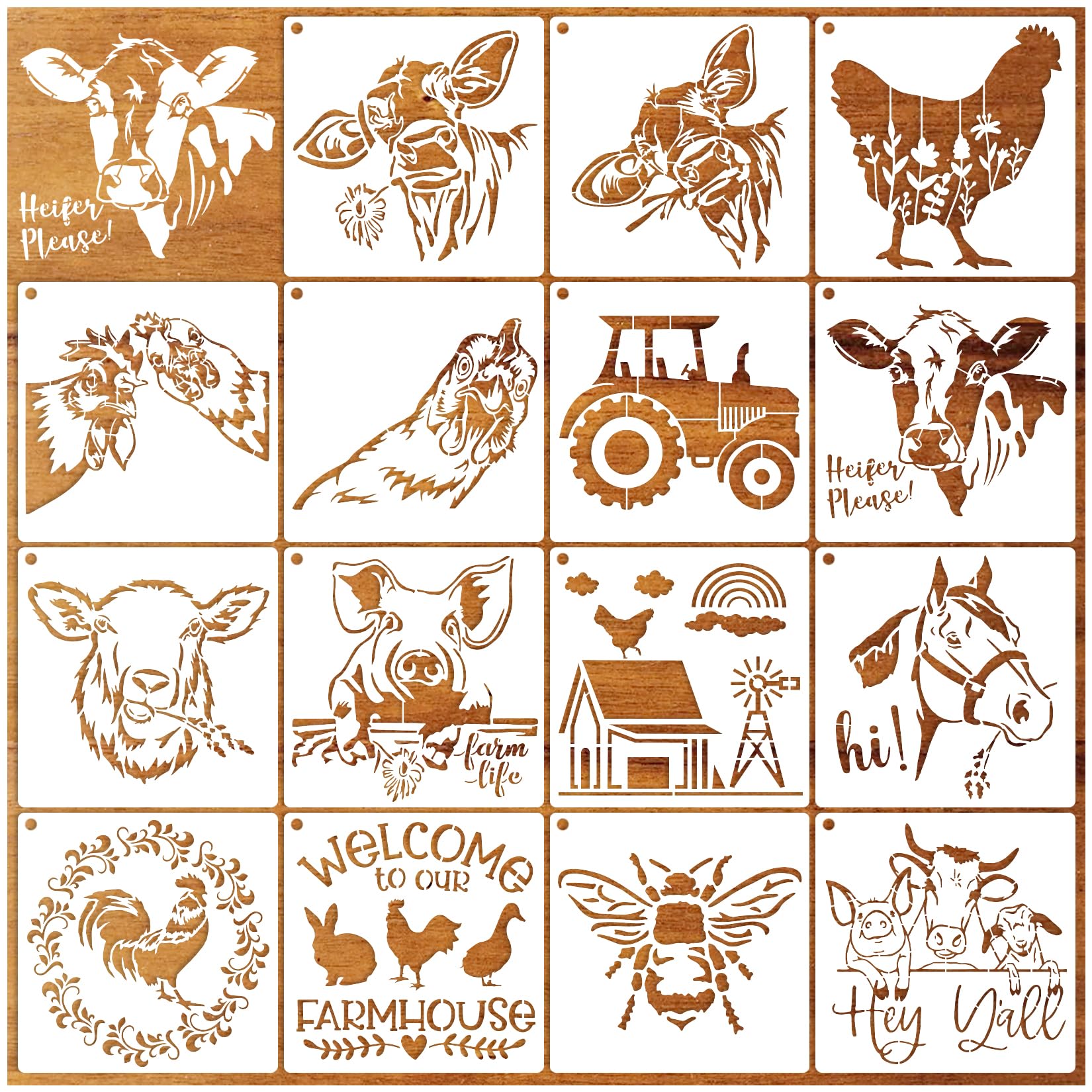 Photo 1 of Boqon 15 Pieces Farmhouse Stencils Reusable Farm Animal Stencils Template Chicken Cow Pig Horse Stencils for Painting on Wood Furniture Fabric Wall Fabric DIY Crafts (Farm Animal), white clear