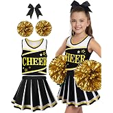 JenPen 4 Pcs Cheerleader Costume Outfit | Cheerleading Outfit ,Sleeveless Top, Pleated Skirt, 2 Pom Poms, Bow Hair Clip for Cheer Uniform Halloween Dress Up
