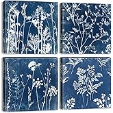Botanical Wall Art Navy Blue Wall Decor Vintage Boho Flower Decor Minimalist Plant Leaf Pictures Canvas Prints Nature Floral Theme Paintings Posters Farmhouse Artwork Home Decorations 12x12” 4P