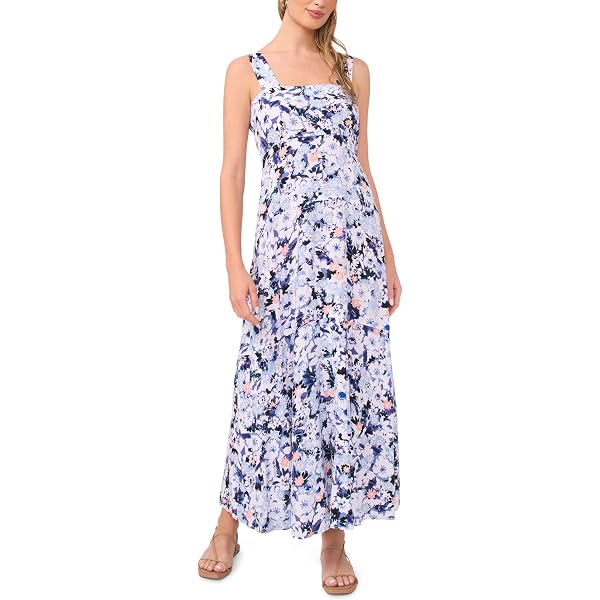 vince camuto halter floral chiffon dress Vince Camuto Knit Floral Print Halter Neck Sleeveless Smocked Waist Maxi A-Line Dress