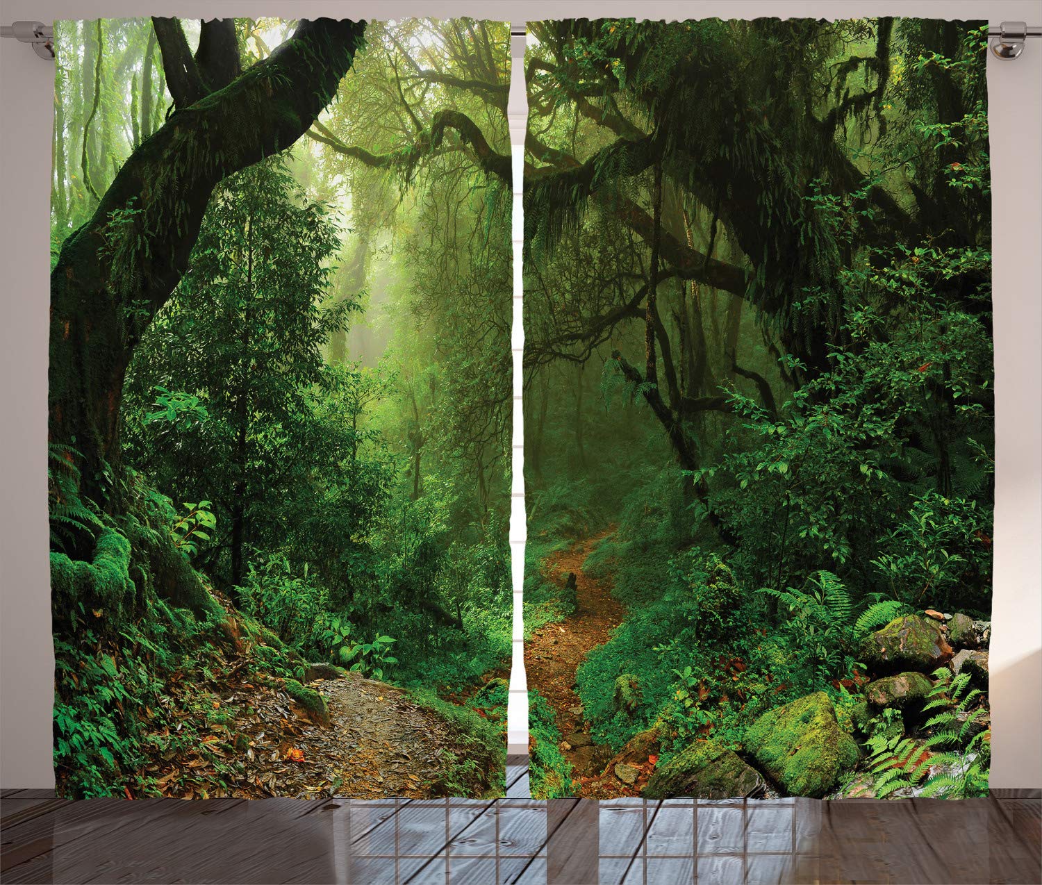 ABAKUHAUS Rainforest Curtains, Forest in Nepal Touristic Trekking Branches Misty Road Fresh Air Outdoors Theme, Living Room Bedroom Window Drapes 2 Panel Set, 280 x 260 cm, Green Dark Brown