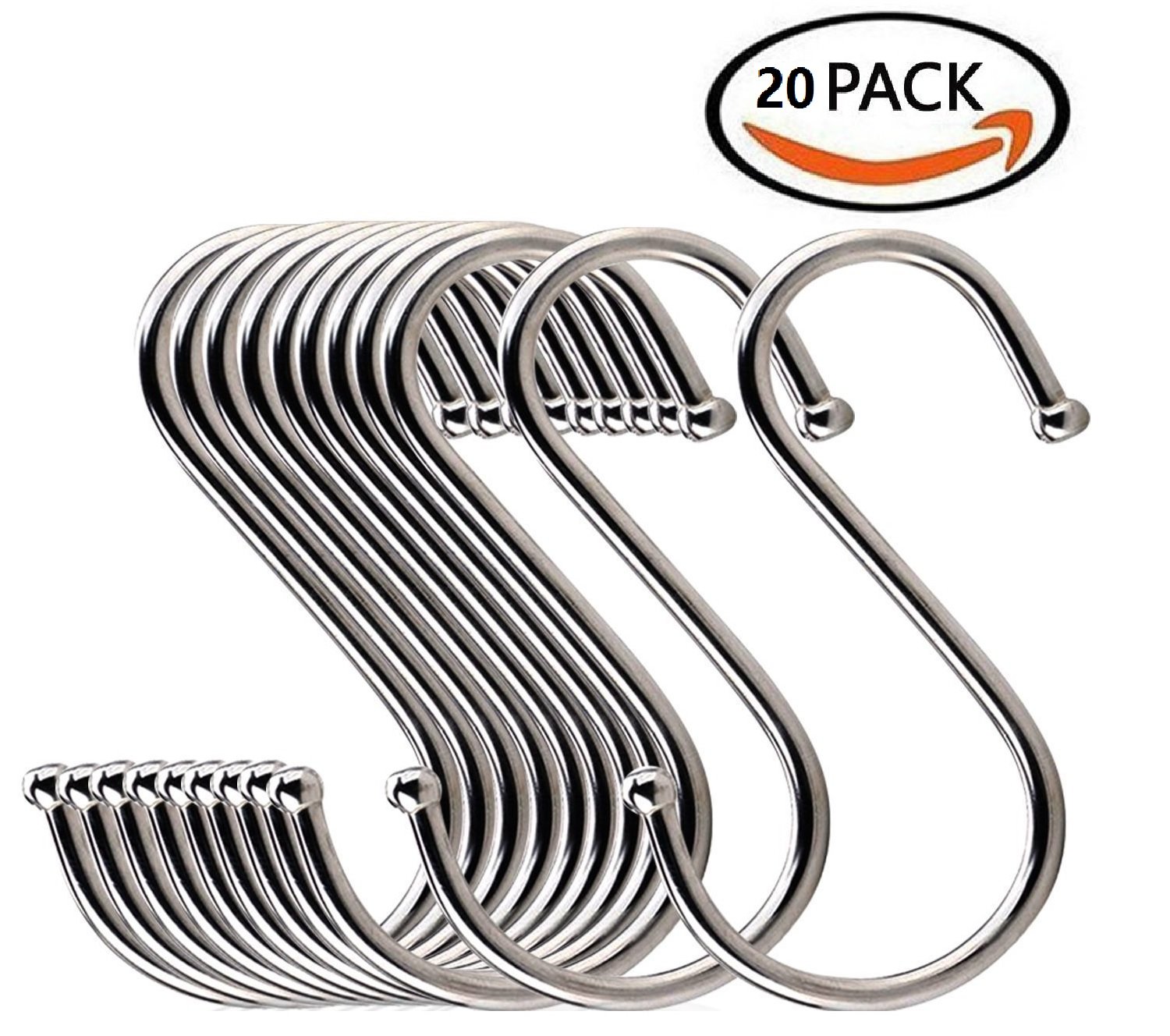 Lysas 20Pack Round S Shaped Hooks Hangers for Kitchen, Bathroom