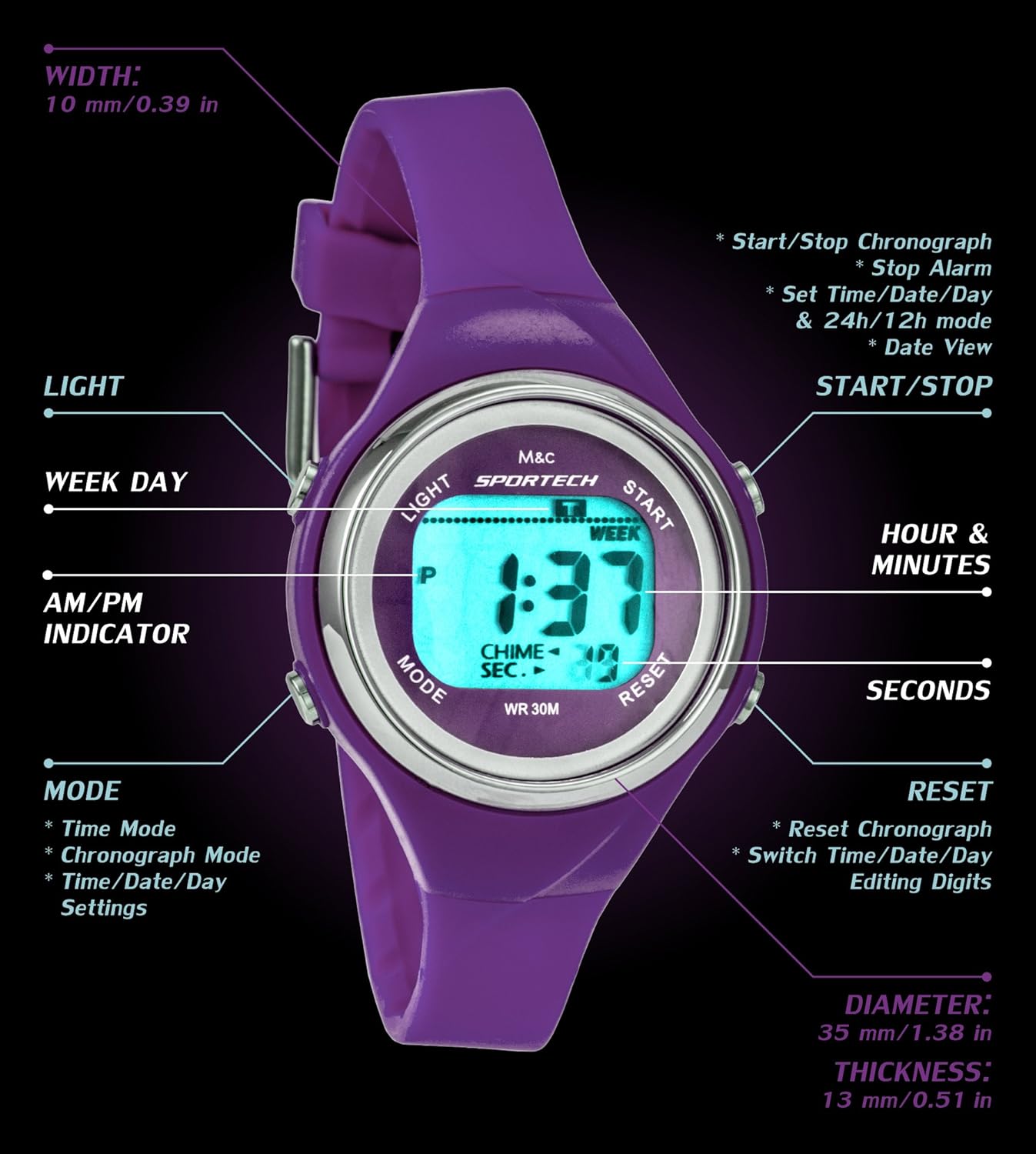 Sportech Women's | Purple Thin Band Water Resistant Swim Sport Watch | SP10713: Watches