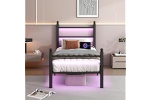 CLIBFENG Twin Bed Frame with Headboard and Footboard,Steel Slats Support-LED Bed Frame with USB Charging Station,Mattress Foundation-Under Bed Storage,No Box Spring Needed,Noise Free,Black