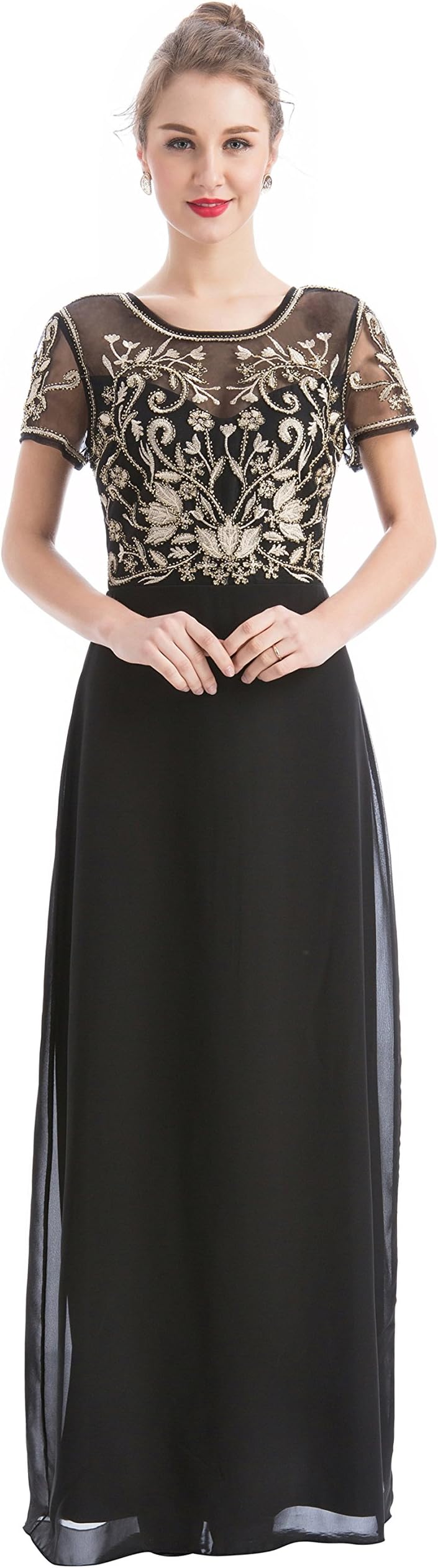 MANER Women's Fashion Chiffon Tulle Beaded Embroidered Long Evening Gowns Prom Party Dress