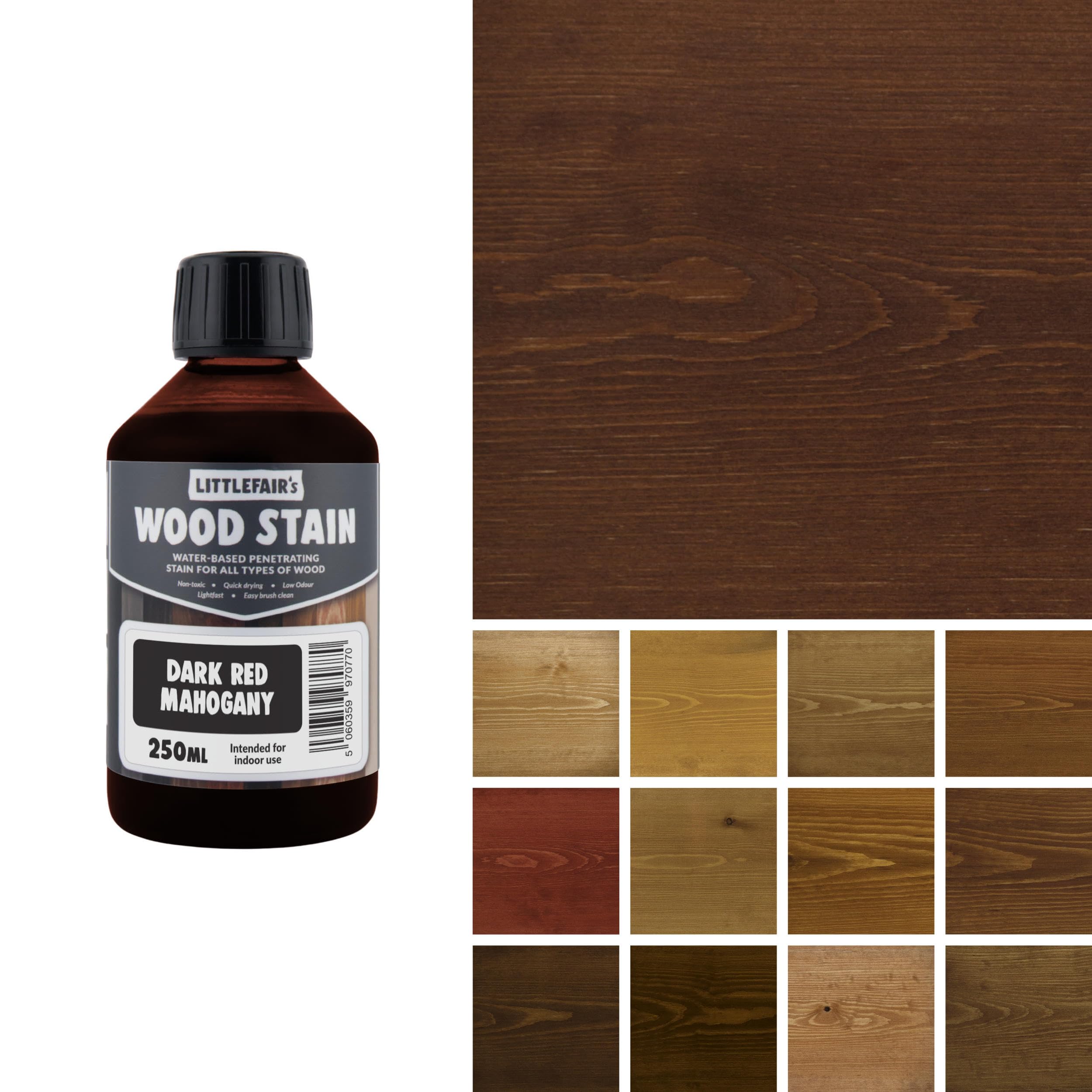 Littlefair's Wood Stain Water-Based - (Dark Red Mahogany) – Non-Toxic, Eco-Friendly & Quick Drying - Easy-to-Apply, Concentrated Formula for All Wood Types – 250ml