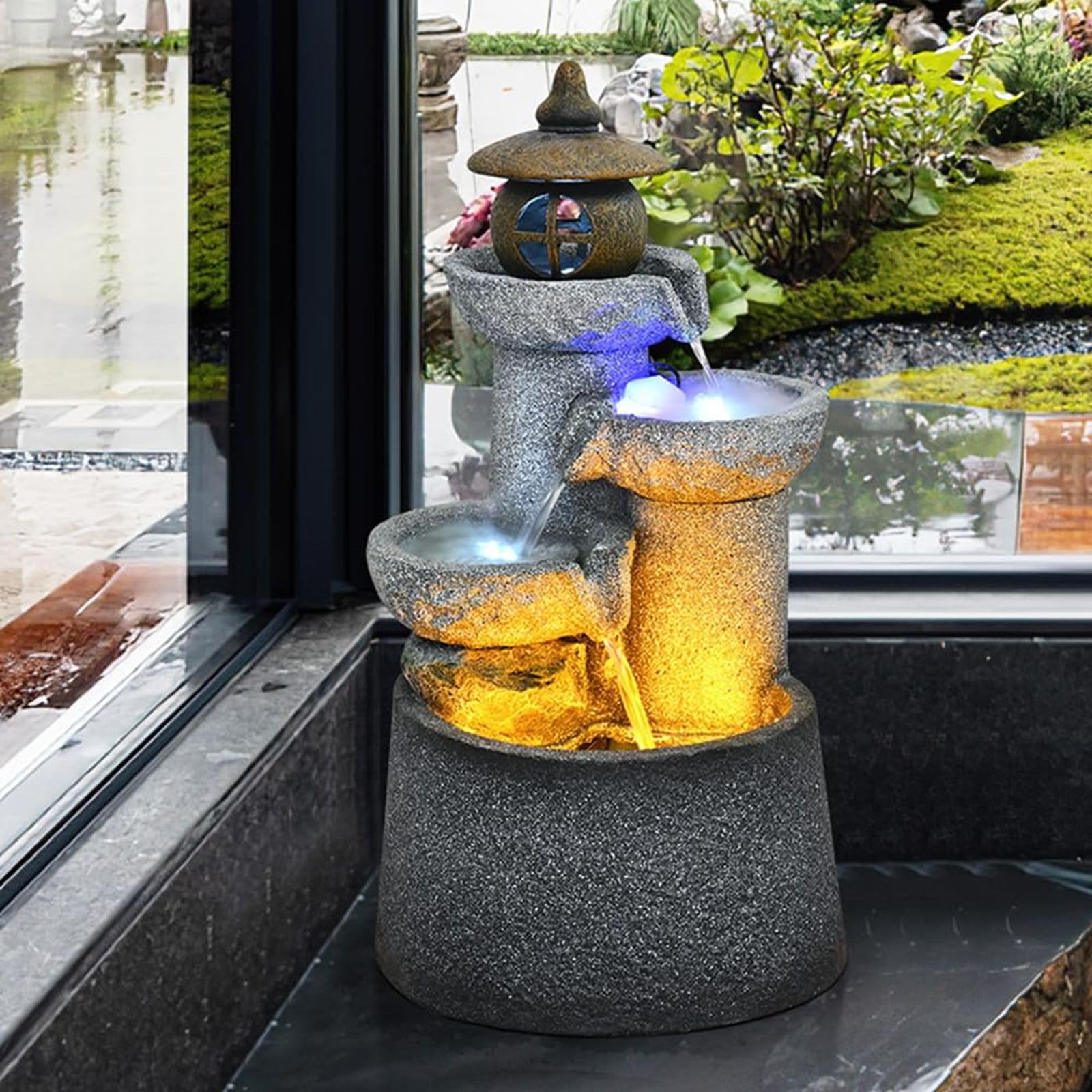 Qingyignge 27” H Modern Outdoor Fountain 2 Crocks Outdoor Garden Fountains LED Light for Garden, Patio, Deck, Porch, Backyard and Home Art Decor