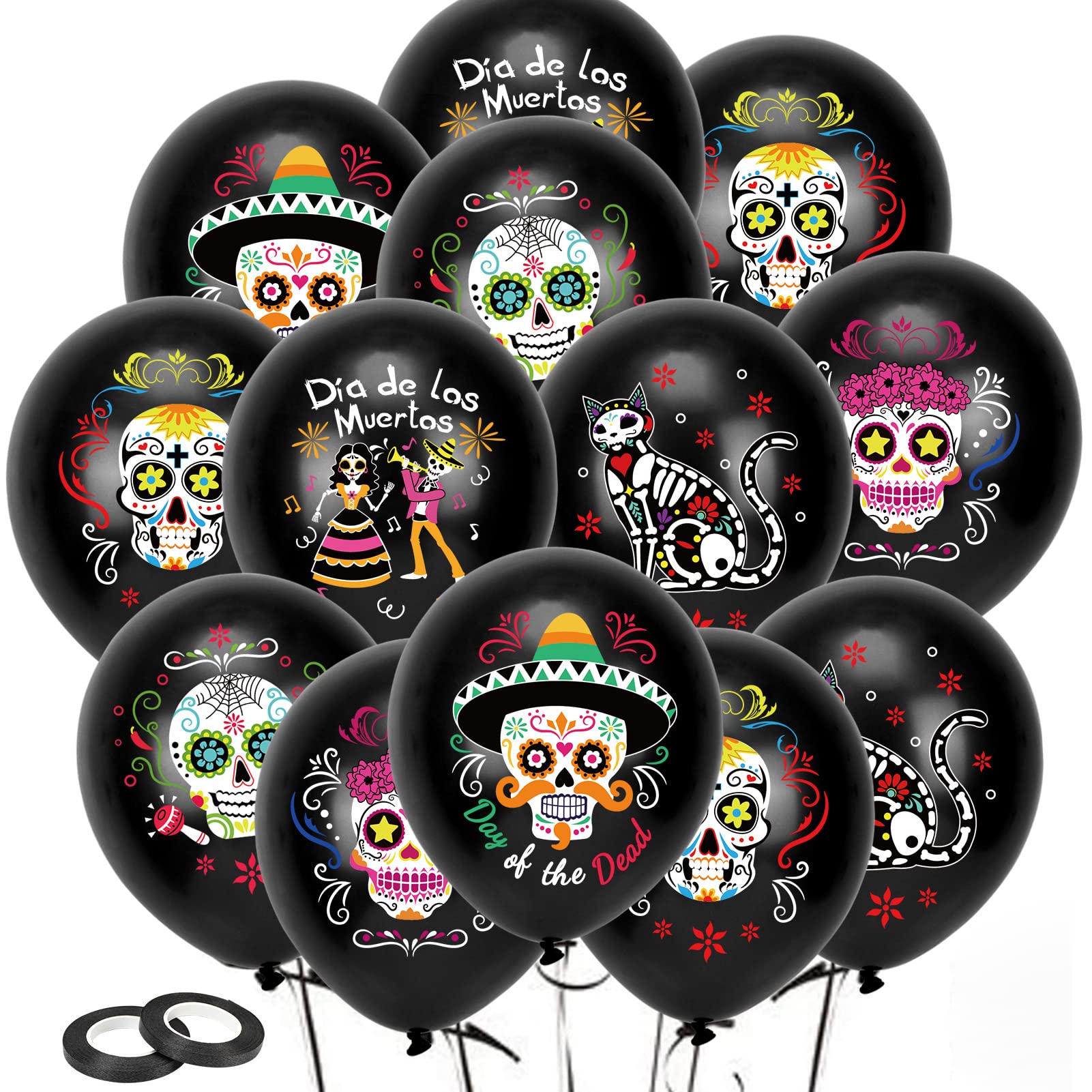 DPKOW 30pcs Day of the Dead Balloons Decorations, Mariachi Man Woman Sugar Skull Latex Balloons for Mexican Fiesta Decorations Día de Los Muertos Party Balloon — image 1