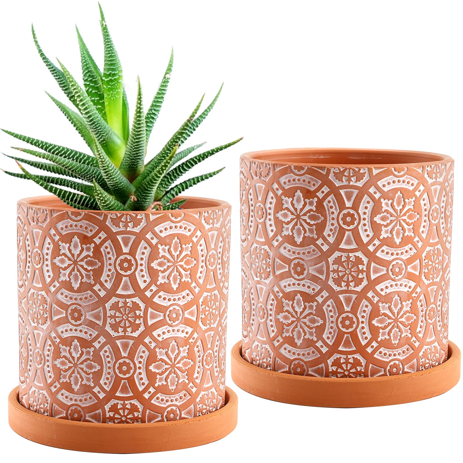 Photo 1 of Jucoan 2 Pack Terracotta Plant Pot, 5'' Red Clay Planter Pot with Boho Flower Pattern, Ceramic Cactus Flower Planter Succulent Pot with Drainage Hole and Saucer for Indoor Outdoor Plant