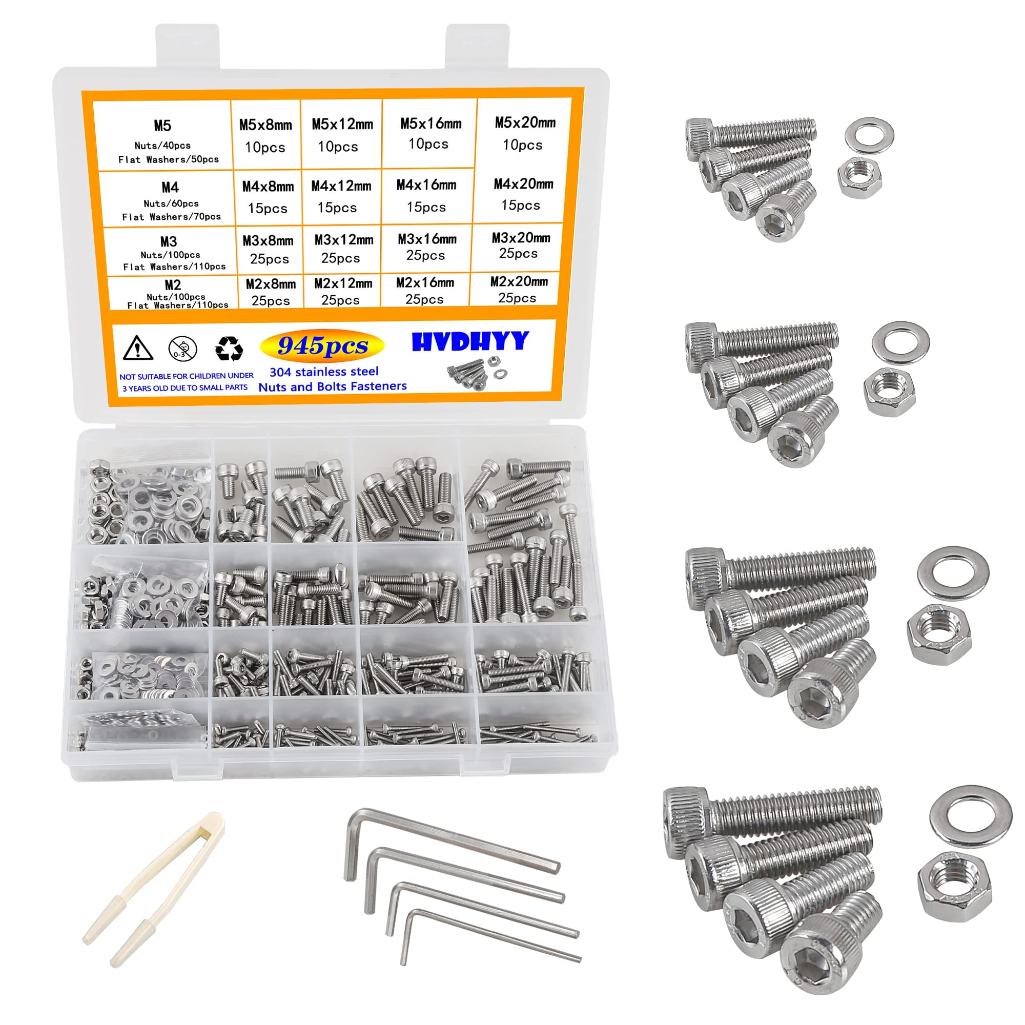 HVDHYY Nuts and Bolts set M2 M3 M4 M5 945pcs Machine Screws Nuts Washers Assortment kit 304 Stainless Steel A2-70 Hex Socket Head Cap in Transparent Assorted Box (with 4 sizes Hex Wrenches)