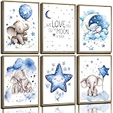 6Pcs Baby Boy Nursery Wall Art Blue Elephant Moon Paintings Pictures Balloon And Stars Poster Print Cute Animal Baby Nursery Wall Decor For Kids Room Bedroom, (8x10In Unframed)