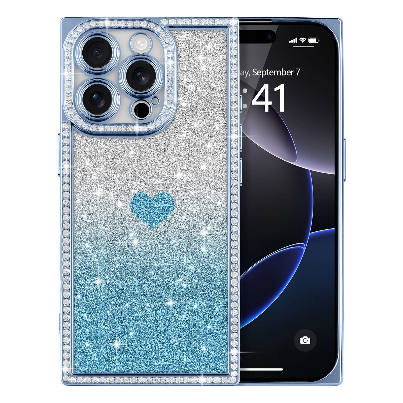 ROSEHUI Case for iPhone 16 Pro Max Glitter, Crystal Sparkly Bling Diamonds Rhinestone Cover for Women Girls, Removale Love Heart Paper, Plating Soft Slim TPU Shockproof Phone Case Bumper,Blue