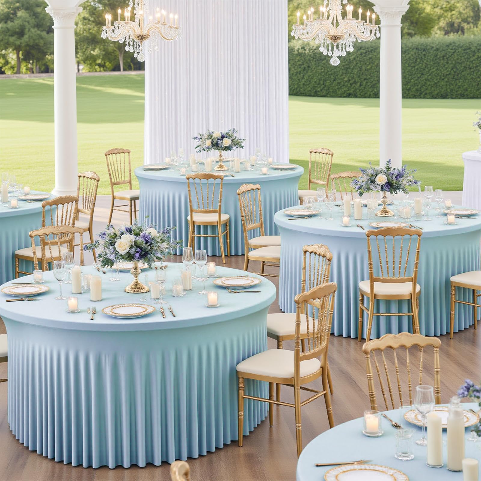 4 Pack 120 Inch Sky Blue Cloth Tablecloth for 5 FT Round Tables, Stretchy Fitted Circle Picnic Tables Cloths, Spandex Table Cover with Table Skirt for Wedding Photography Party Events Kids’ Birthday