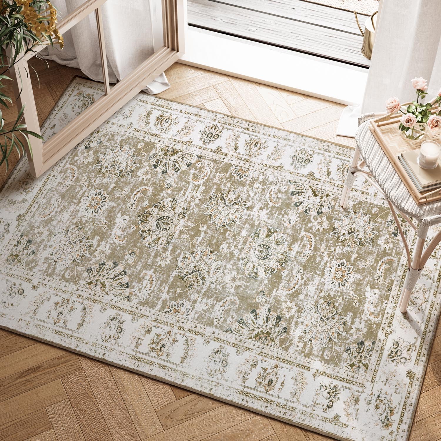 TOPICK Washable Door mat 60x90cm Entryway Taupe Floral Rug Indoor Vintage Chenille Print Doormat Thin Small Rug Lightweight Non Slip Carpet for Kitchen Bathroom