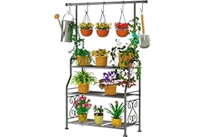 GIOTORENT Plant Stand Indoor, 3-Tier Heavy Duty Metal Shelf for Patio & Indoor, Tall Plant Holds 14+ Plants with 5 Hooks, Rust-Proof Plant Holder for Garden, Balcony, Living Room, Black