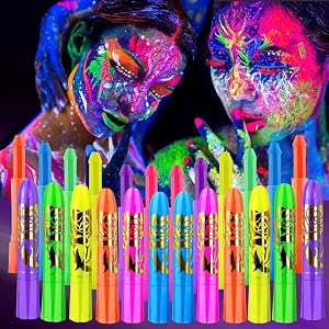LEPKE Glow in the Dark Face Body Paint Sticks, 12 Colors UV Neon Fluorescent Blacklight Facepaint Markers, Washable Halloween