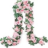 SWSTINLING 2 Pack (16FT) Artificial Rose Vine Flowers Plants Pink Fake Flower Vine for Valentine's Mother's Day Wedding Home Party Garden Craft Art Decor Pink