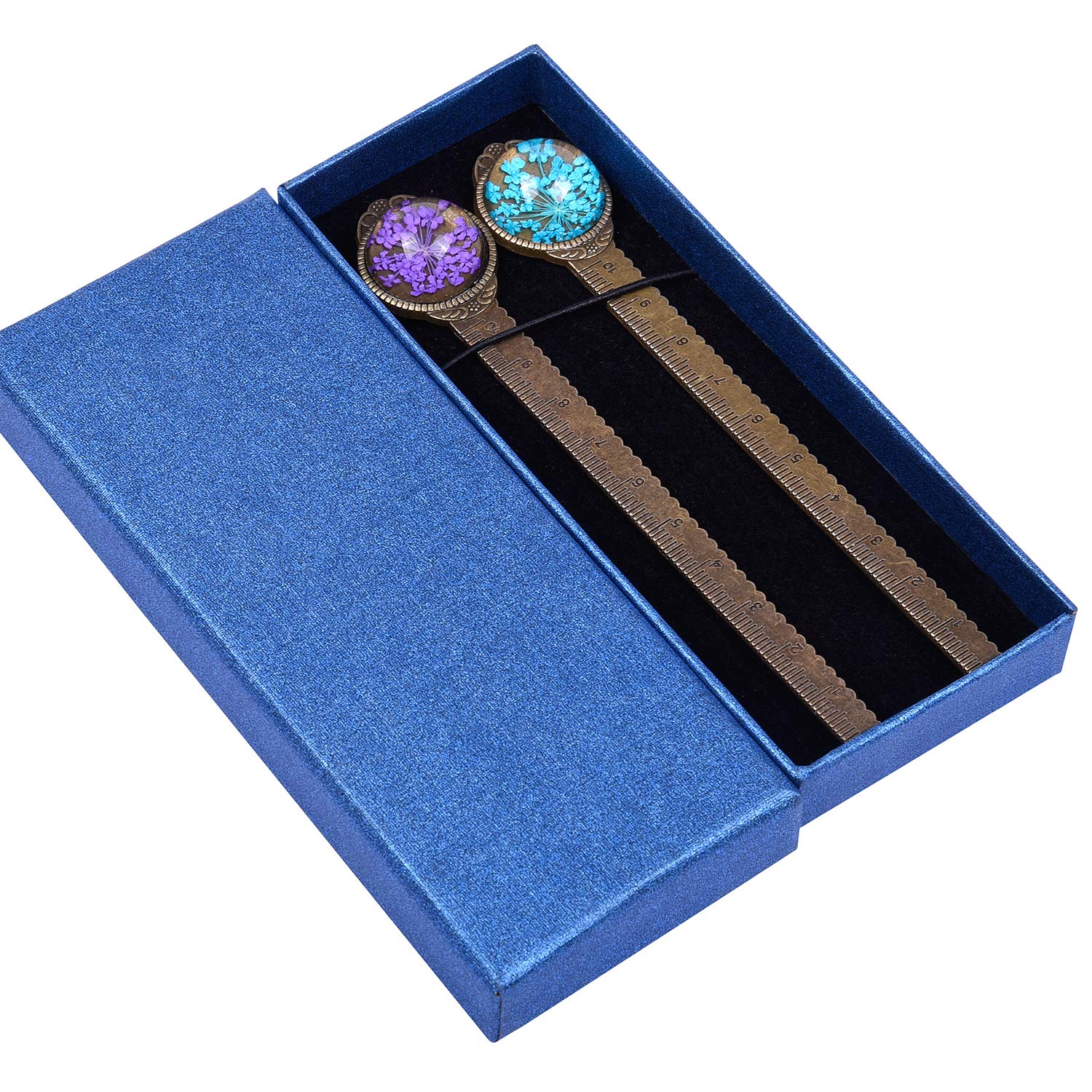 Wisdompro 2 Pcs Metal Bookmark Ruler, Vintage Bronze Bookmarks with Dried Flower, Packaged in a Gift Box, Page Markers Gift for Women Girls, Teacher, Student, Book Lovers - Blue, Purple