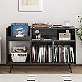 Record Player Stand with Charging Station & USB Ports, Mid-Century Turntable Stand Table Holds Up to 300 Albums, Vinyl Record Storage Cabinet with Wood Legs for Living Room Office (Black)