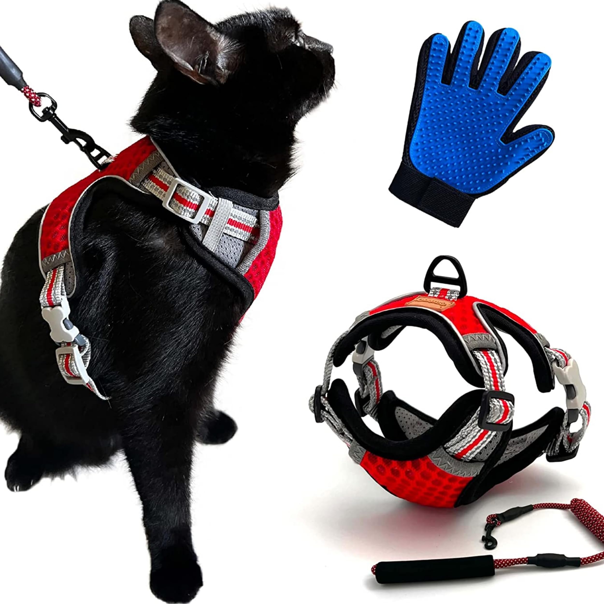 CutePet - Anti-Escape Harness for Kitten, Adult Cat, Puppy, Small Dog, Rabbit with Cat Hair Glove | Adjustable Anti-Escape Harness with Lead | Breathable Mesh and Reflective Band (S, Red)