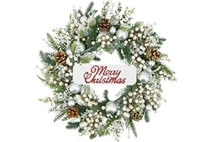 YNYLCHMX 20 Inch Winter Wreath for Front Door, Winter Wreaths with Welcome Sign Pine Needle Pine Cone Berry Artificial Door Wreaths for Window Wall Fireplace Farmhouse Holiday Party Decoration