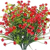 WILLBOND 12 Bundles Artificial Flowers Outdoor, UV Resistant Faux Artificial Plants Shrubs Plastic Flower Bulk for Hanging Planter Porch Window Home Spring Summer Decor(Red)