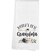 WAITPI Grandma Gifts Kitchen Towels, World's Best Grandma Christmas Birthday Gifts Hand Towels for Grandma from Grandkids, Floral Decorative Dish Towels for Bathroom Mother's Day Decor 16x24 Inch