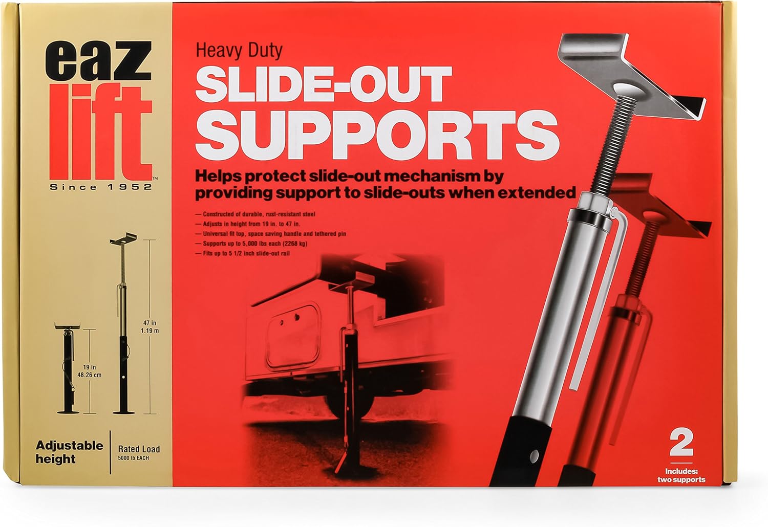 EAZ LIFT Camco Heavy Duty Slide Adjusts from 19" to 47", Made with Rust Resistant Steel, 5,000 lbs. Each-Includes 2 Supports (48866), 2 Pack, Black/Silver: Automotive
