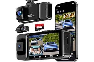 WECOOL 3 Channel Dash Cam Front and Rear Inside, 4K Ultra HD & 470° Wide-Angle Full-View Dash Camera for Cars with 64GB Card, 24H Parking Monitor, G-Sensor, Loop Recording, Night Vision, 5GHz WiFi