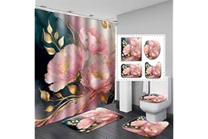 YOOOAHU Girly Bathroom Pink and Gold Shower Curtain Sets Abstract Peony Flower Shower Curtain Bathroom Decor Waterproof Aesthetic Wildflower Dark Floral Brackground Shower Curtain Toilet Home Decorations