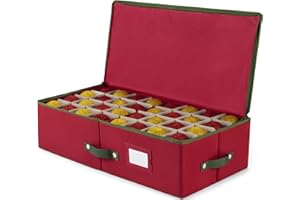 ZOBER Underbed Christmas Ornament Storage Box - Stores 64 3" Ornaments, With Dividers - Tear Proof 600D Oxford Fabric, Ornament Organizer Storage Box, Durable Christmas Containers Holder - Red