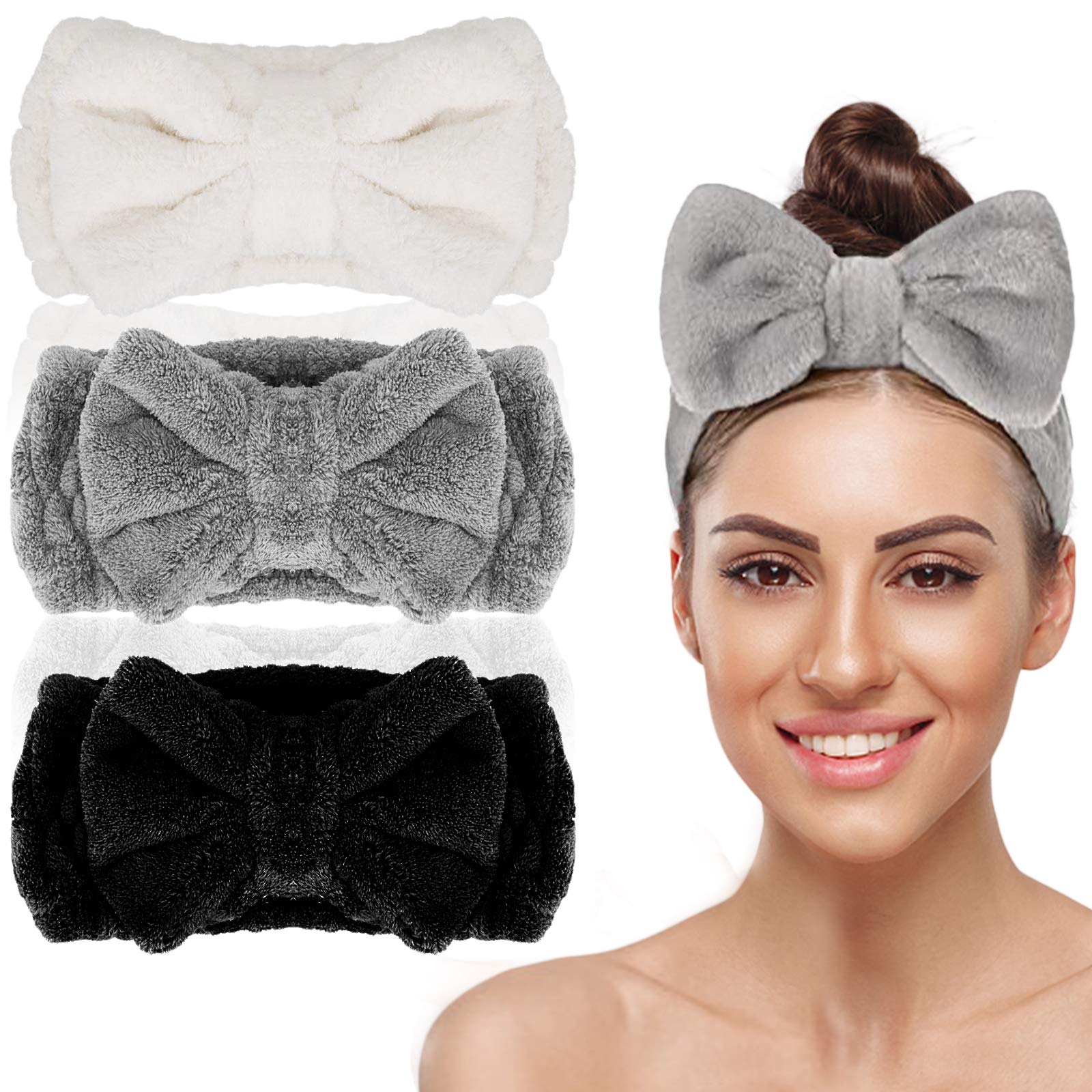 3 Pack Spa Hair Bands, Bownot Makeup Headband Coral Fleece Elastic Towel Band Washing Face Hair Wrap for Women Cleaning Face Skincare, White, Black and Gray