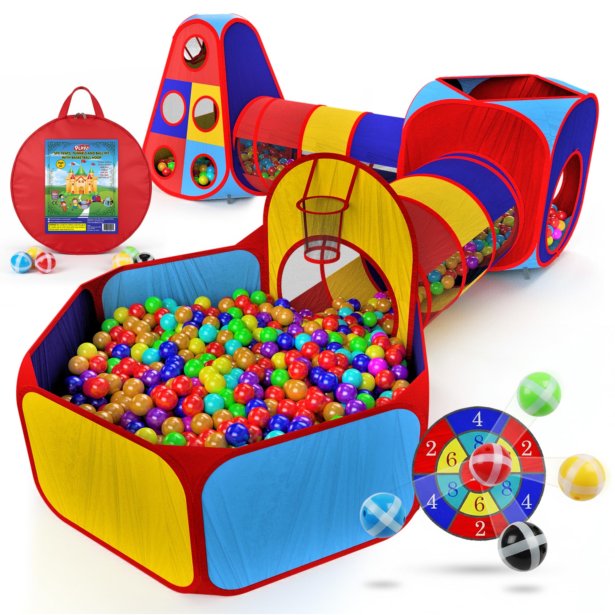 Photo 1 of Playz 5pc Kids' Play Tents & Tunnels - Ball Pit for Toddlers, Basketball Hoop, Crawling Tubes, Pop-Up Playhouses, Baby Obstacle Course for Indoor or Outdoor Use