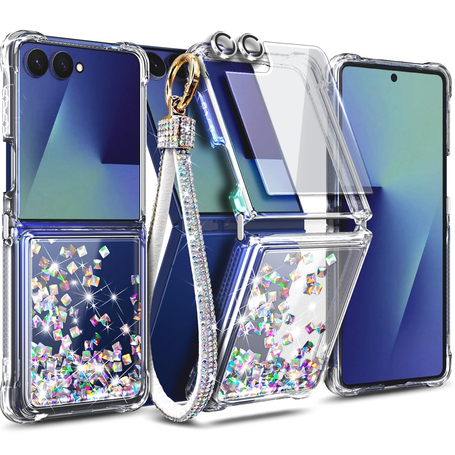 NGB Designed Glitter Case for Samsung Galaxy Z-Flip-7, Crystal Gem | Liquid Sparkle Cute Cover for Women Girls | with Tempered Glass Screen Protector & Camera Lens Protector & Diamond Wrist Strap