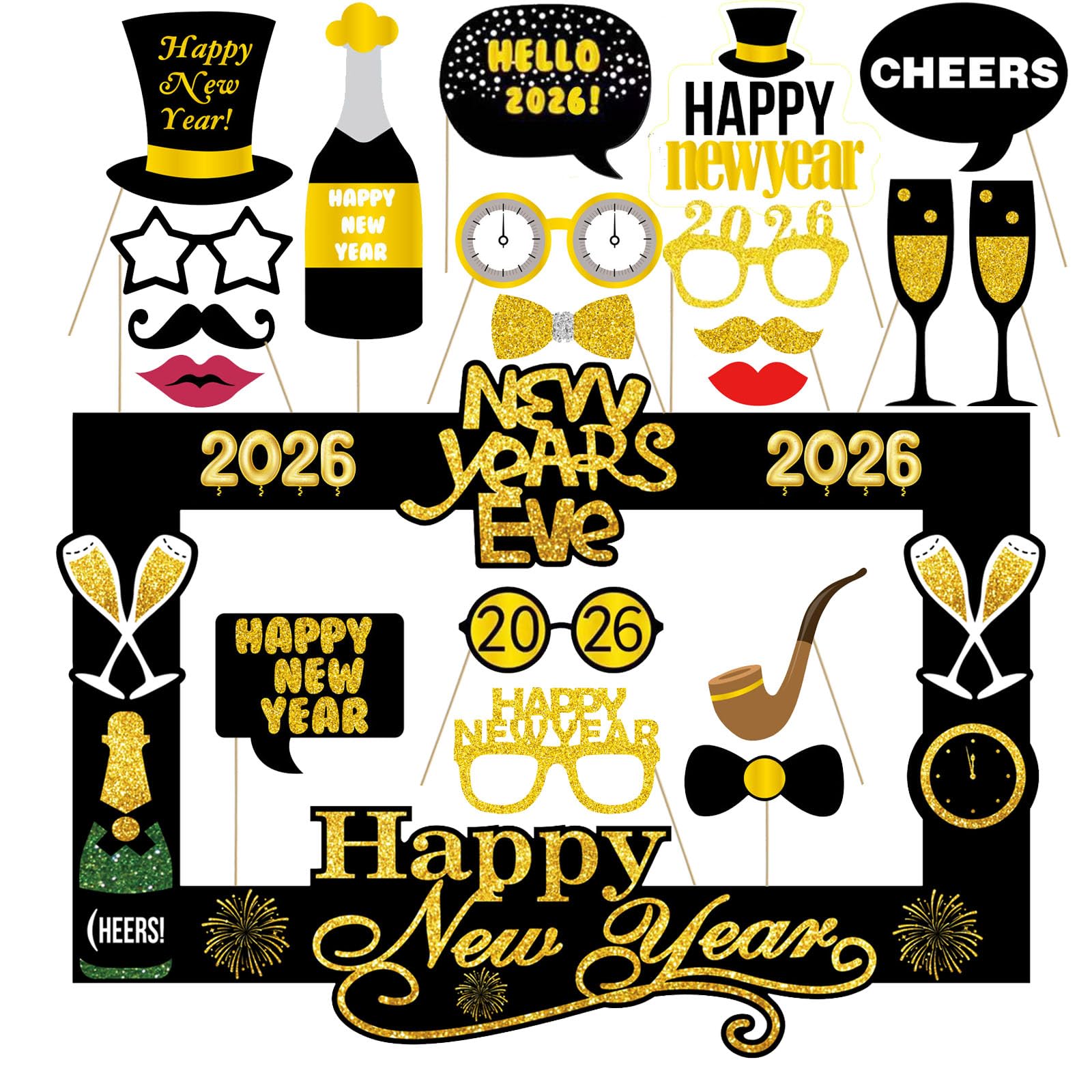 LMSHOWOWO 20PCS Happy New Year's Eve Party Photo Booth Props, 2026 Paper Photo Booth Frame, Glitter New Year Selfie Props, for New Years Eve Decorations Party Supplies
